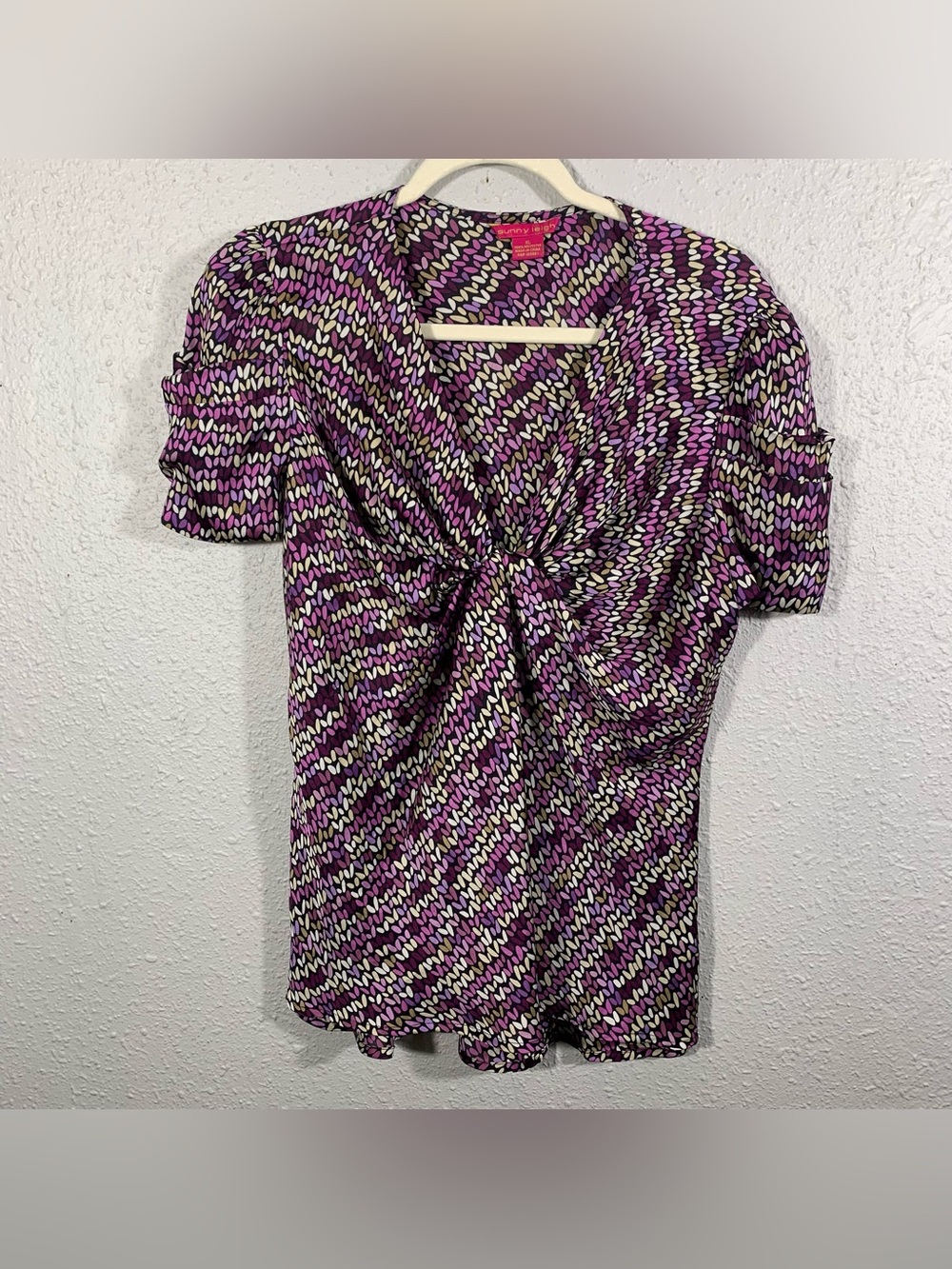 Sunny Leigh Short Sleeve Knot Front Pink & Purple Print Short Sleeve Pull Over
